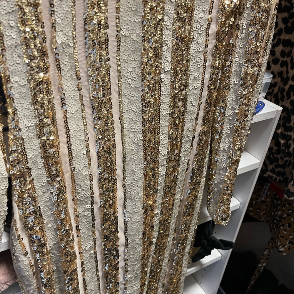 Sequined Gold Stripe Long Sleeve Dress - Elegant Evening Wear - Picture 4 of 4